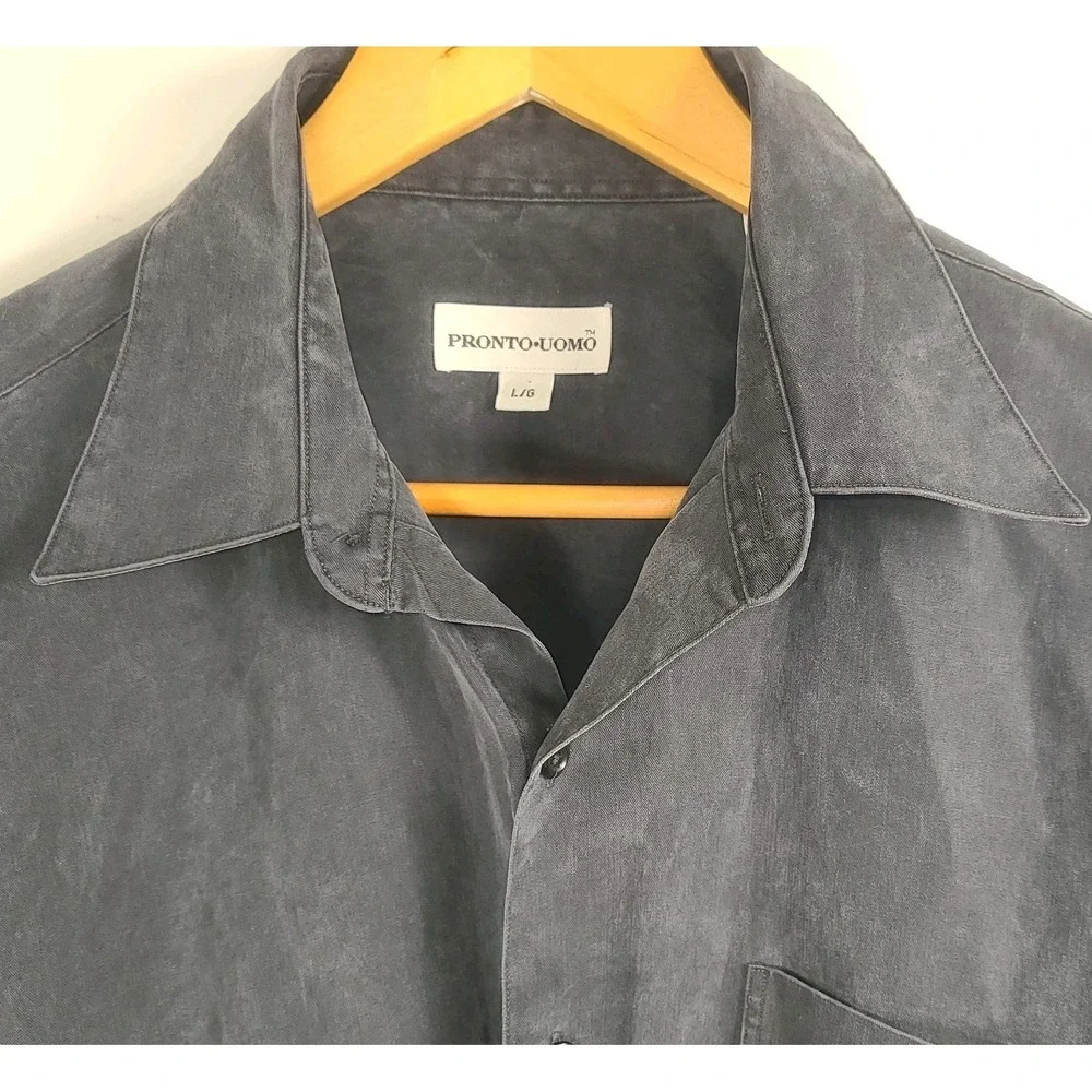 Pronto Uomo Men's Button Up Shirt Large Gray Long Sleeve Tencel Blend - Picture 2 of 7